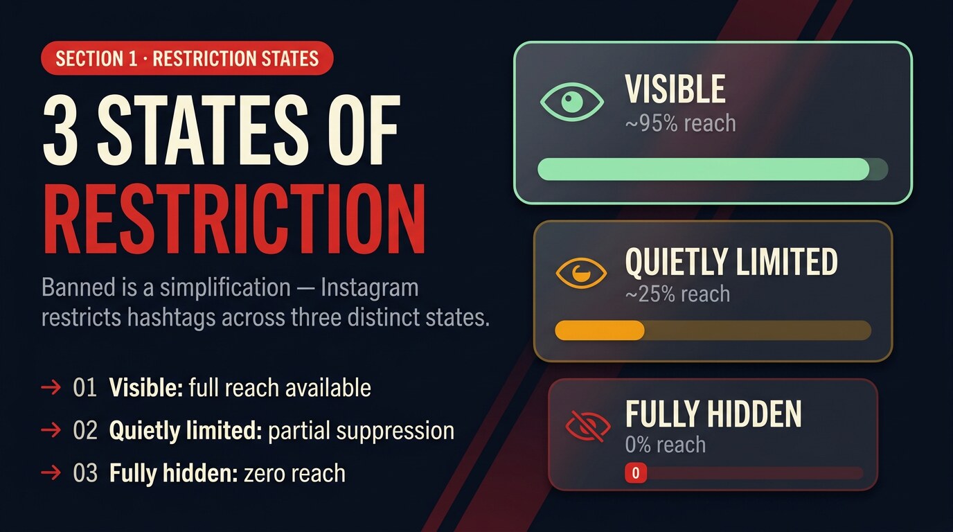 Editorial diagram showing the three Instagram hashtag restriction states: visible with full reach, quietly limited with partial suppression, fully hidden with zero reach