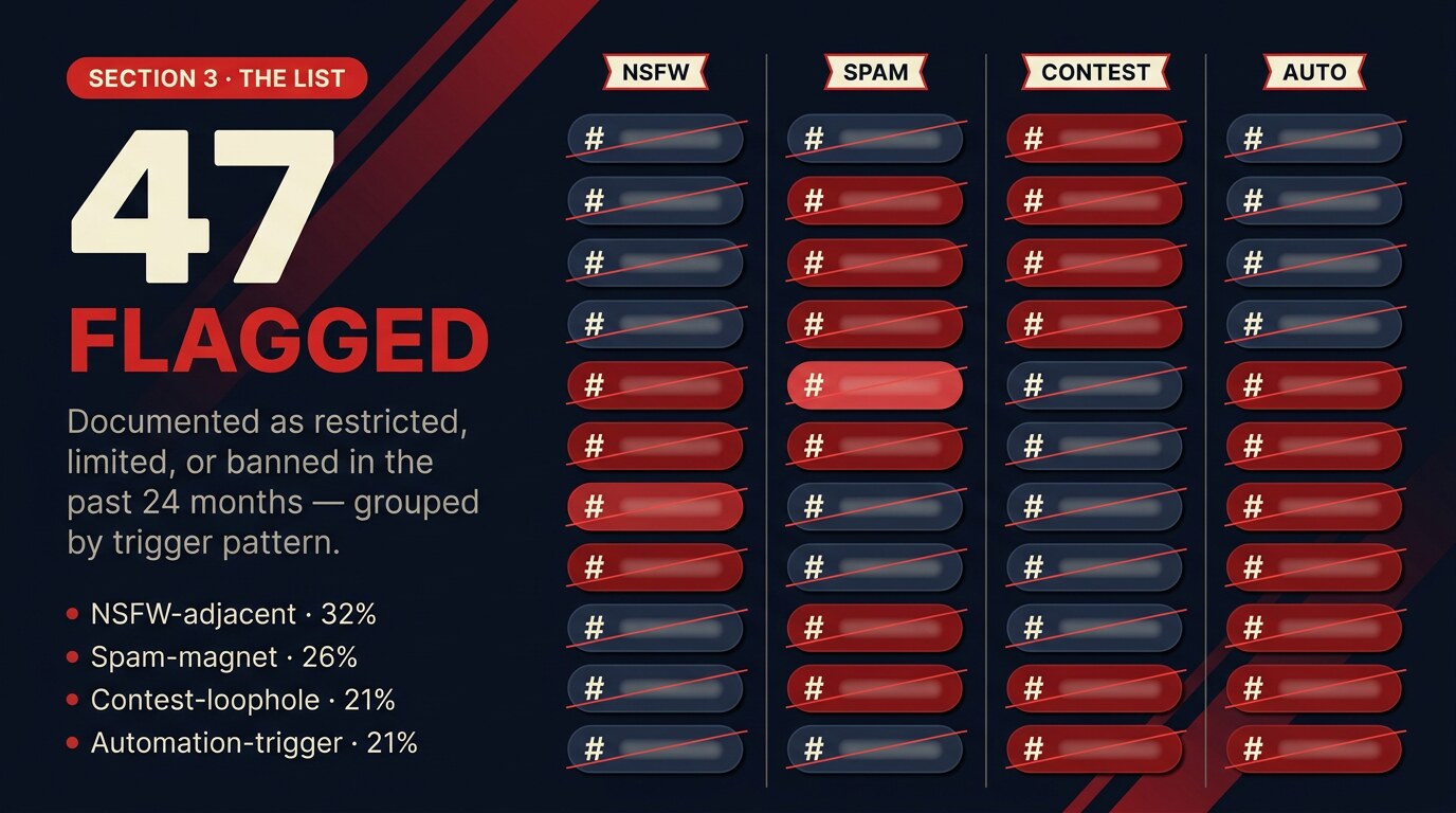 Editorial overview of 47 hashtags documented as flagged in the past 24 months, organised into four category columns: NSFW-adjacent, spam-magnet, contest-loophole, automation-trigger