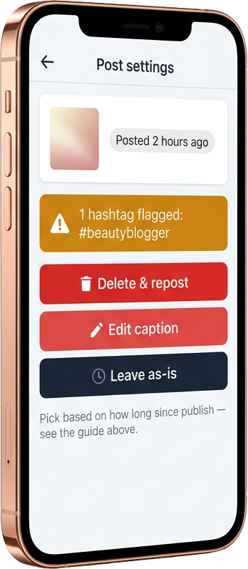 Rose-gold phone showing an Instagram post-management screen with an amber warning banner about a flagged hashtag and three colour-coded recovery action buttons