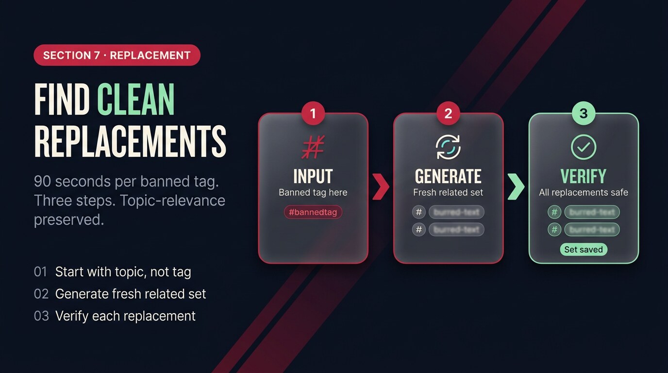 Editorial 3-step replacement workflow chart showing the transition from a banned tag through generating a fresh related set to verifying each replacement clean — colour-coded crimson-to-mint