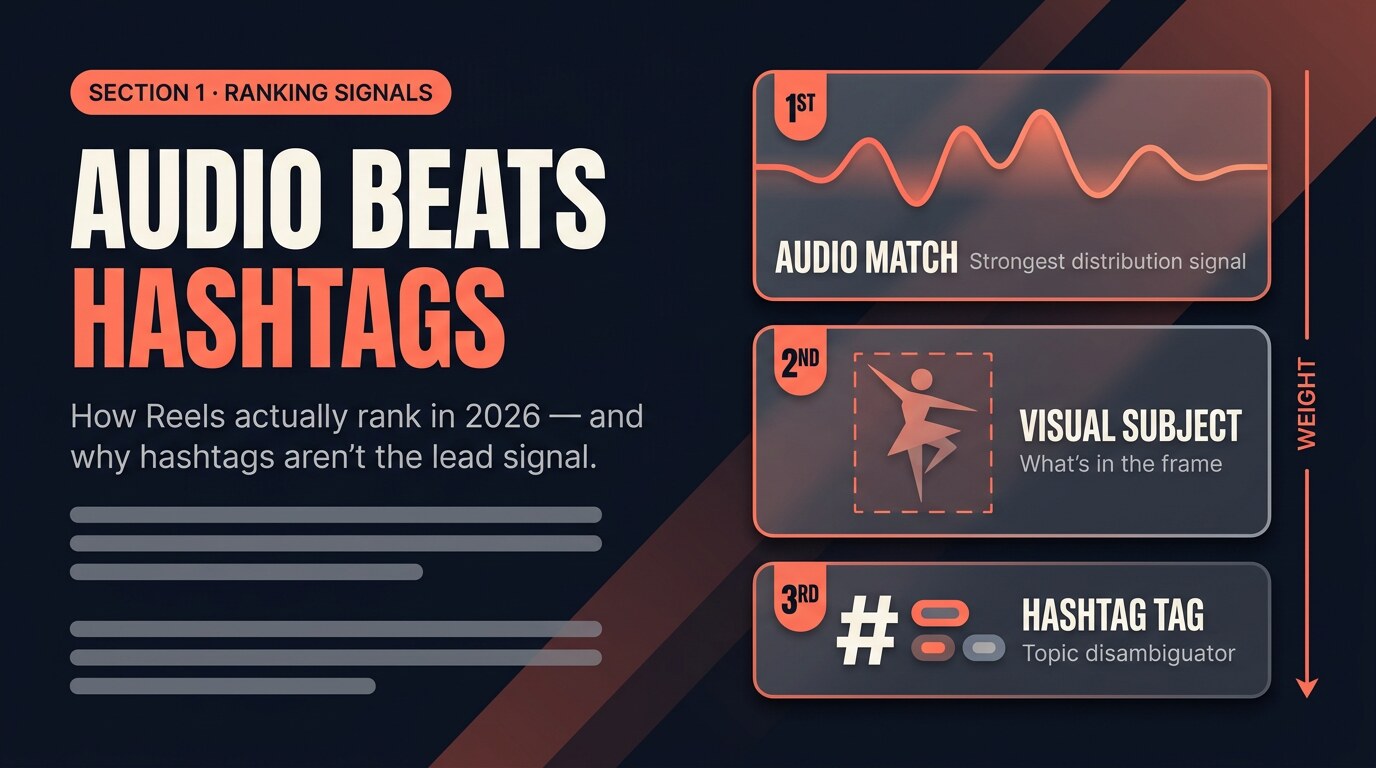 Editorial diagram showing how the Reels algorithm ranks audio, visual subject, and hashtags in priority order