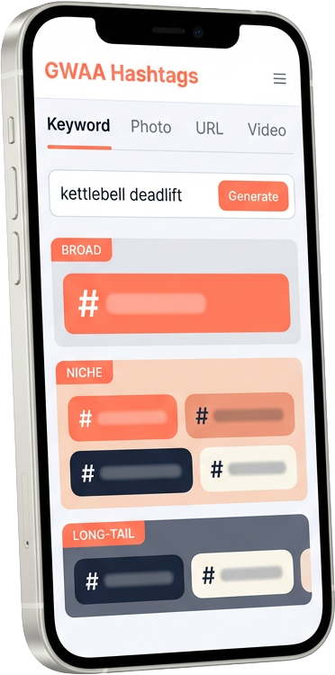 Phone mockup of the GWAA Hashtag Generator with the Keyword tab active, showing a banded hashtag result set