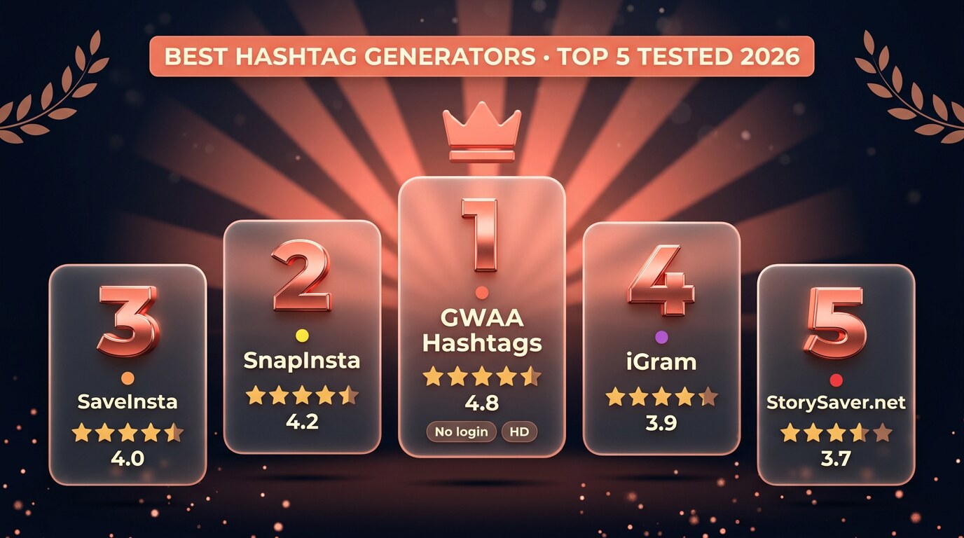 Cinematic ranking podium showing five hashtag generators tested in 2026, with GWAA Hashtags crowned at first place