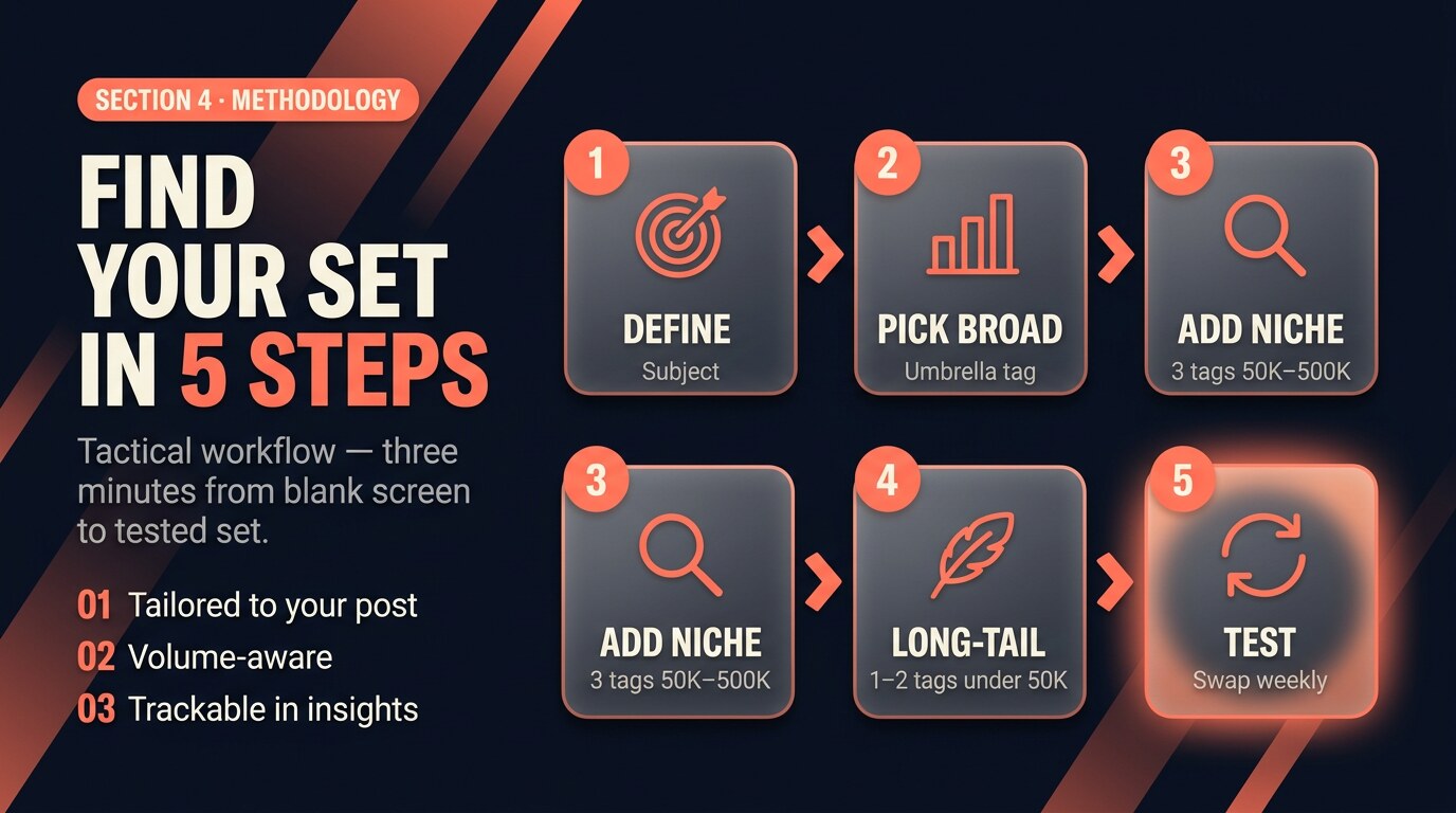 Editorial flow chart of the five-step process for finding a Reels hashtag set: define subject, pick broad, add niche, add long-tail, test