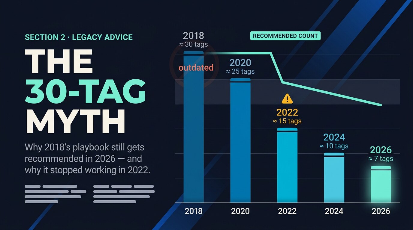 Timeline infographic showing the recommended Instagram hashtag count shrinking from 30 in 2018 to 7 in 2026