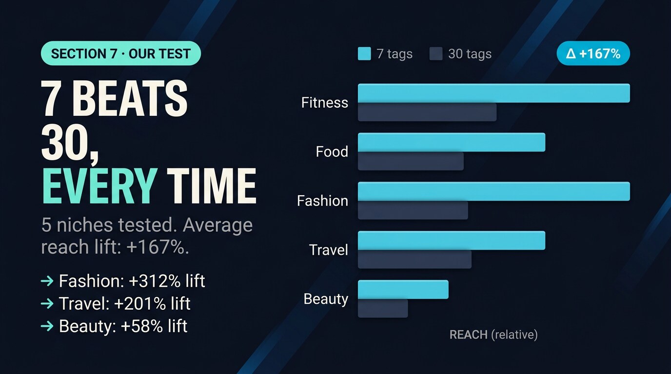 Bar chart comparing 7-tag vs 30-tag Instagram reach across five niches: fitness, food, fashion, travel, beauty — 7-tag winning every time