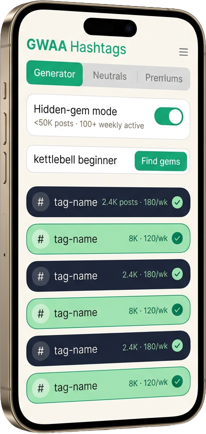Titanium-gold phone showing the GWAA Hashtags generator with the Hidden-gem mode filter toggled on, the keyword