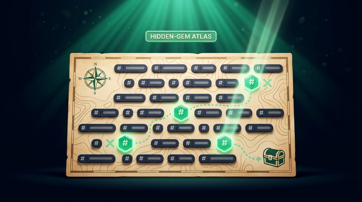 Cinematic treasure-map composition: a vintage parchment map with topographic-grid lines, a dense wall of slate-coloured common hashtag tiles, five glowing emerald hashtag-gems standing out among the slate tiles, a dotted mint path leading to a treasure chest in the lower-right corner, a compass rose in the upper-left, and an emerald spotlight rays descending from above