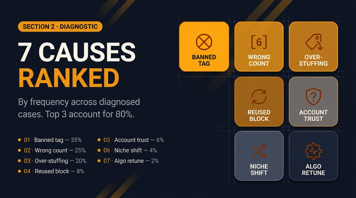 Editorial 3-2-2 grid showing the seven Instagram hashtag-failure causes ranked by frequency: banned tag, wrong count, over-stuffing, reused block, account trust, niche shift, algorithm retune
