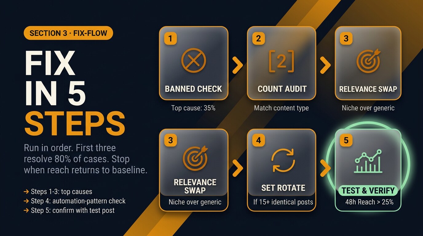 Editorial 5-step horizontal fix-flow chart for diagnosing Instagram hashtag-reach failure: banned check, count audit, relevance swap, set rotate, test and verify