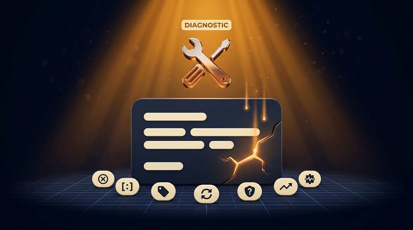Cinematic diagnostic-workshop scene: a chunky 3D caption-stub being repaired by amber tool-glow with a chrome-amber wrench-and-screwdriver glyph above and seven cause-chips arranged in a semicircle below