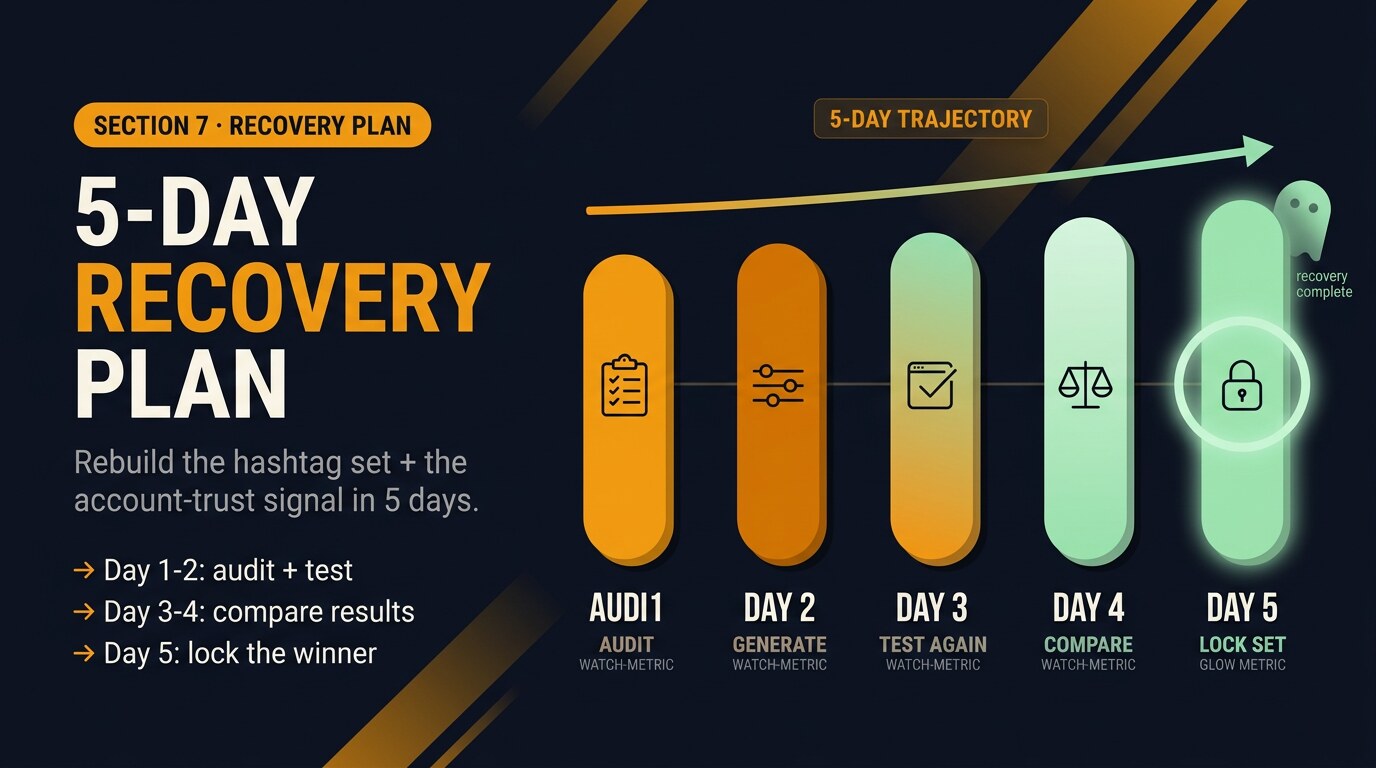 Editorial 5-day recovery timeline with vertical day-markers transitioning from amber (audit, generate, test) to mint (compare, lock set) — failure-to-recovery colour progression