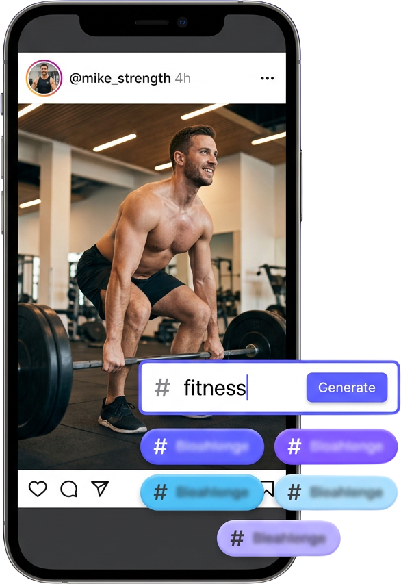 Instagram fitness profile being analysed by the GWAA Hashtag Generator from a typed keyword