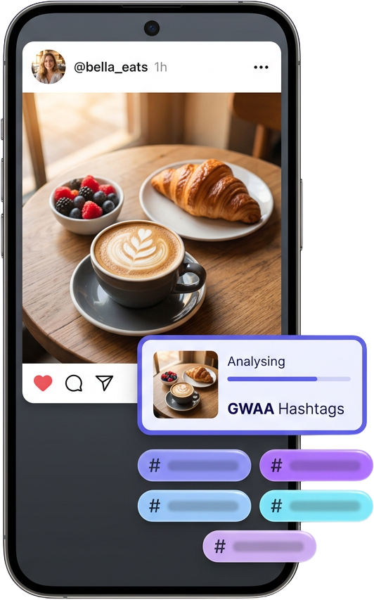 Instagram food post being analysed by the GWAA Hashtag Generator from an uploaded photo