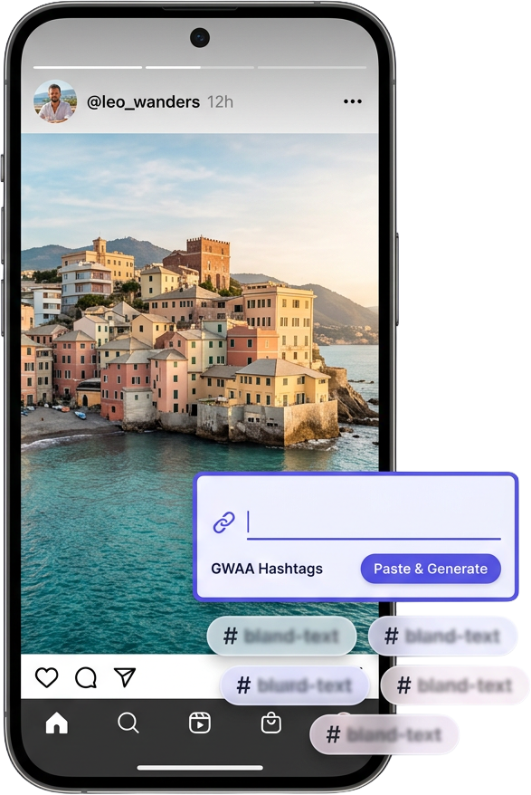 Instagram travel post being analysed by the GWAA Hashtag Generator from a pasted post URL