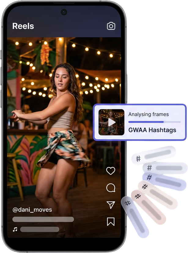 Instagram Reels video being analysed by the GWAA Hashtag Generator from an uploaded clip